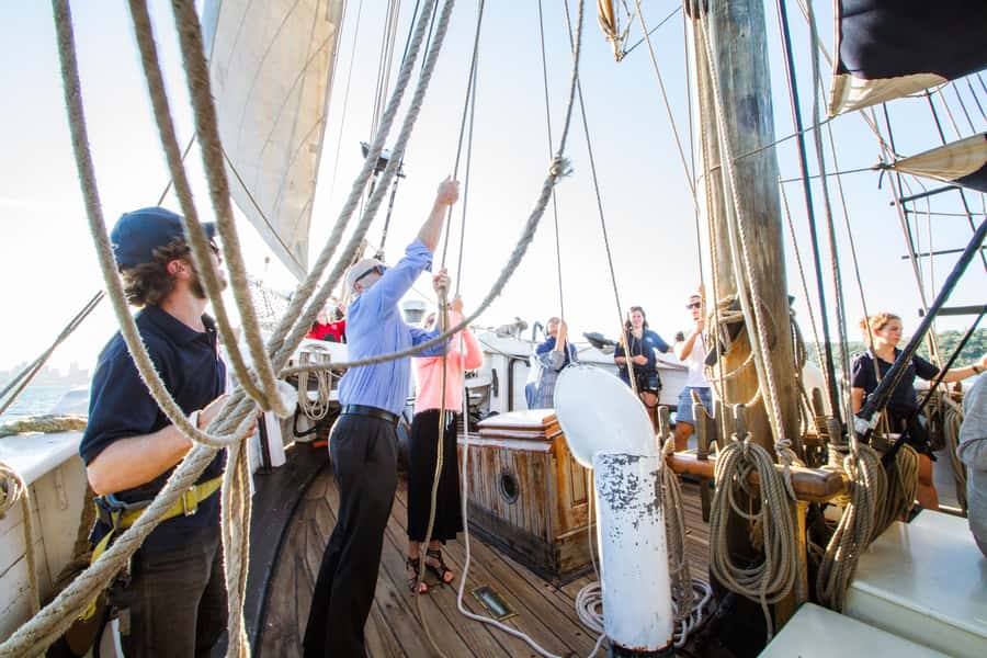 Sydney: Tall Ship Harbour Twilight Dinner Cruise - Helping with the sails, plus the steering moment that sells the experience